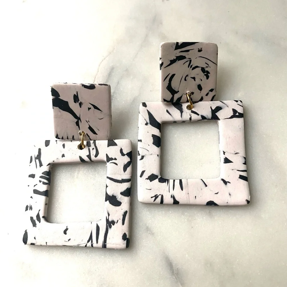 Black & White Marbled Statement Earrings Lightweight Modern Drop Earrings - Picture 4 of 4